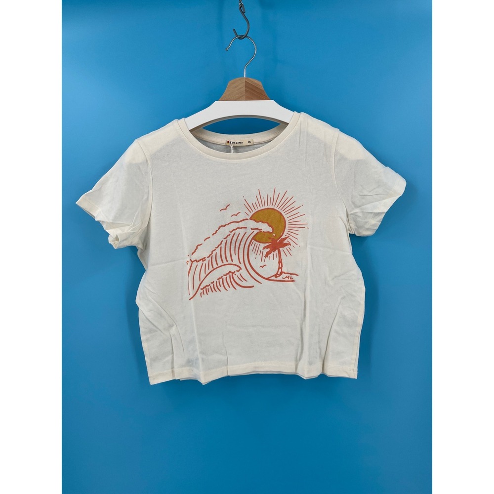 Marine Layer Easy Crop Graphic Tee Antique White Orange Sun Wave NWT Size XS USA